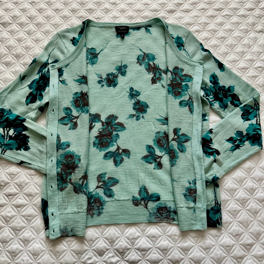 Talbots Pure Italian Merino Wool Button Down Cardigan Mint Teal Floral Size S - Picture 11 of 15